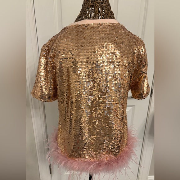Fabulous Rose Gold Sequin and Pink Feather Top Size L - Picture 7 of 7